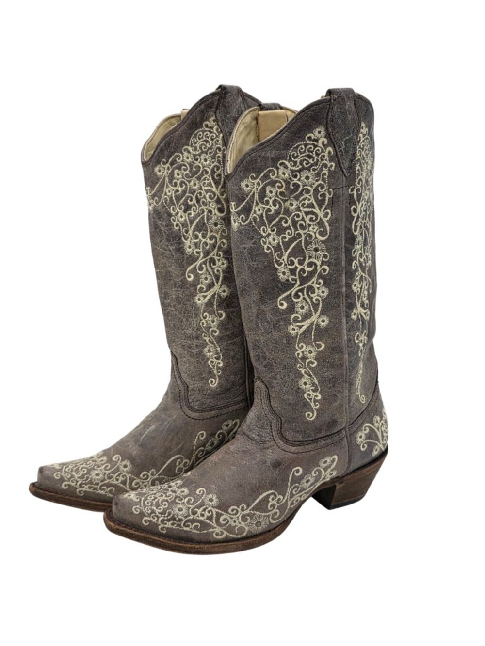Corral Distressed Brown Leather Floral Cowgirl Western Boots Women 7M Snip Toe - Picture 12 of 16